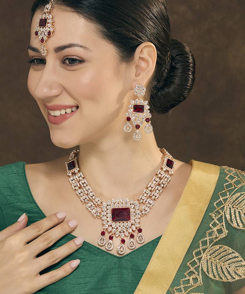 Maroon rose gold premium designer american diamond and stone work necklace set