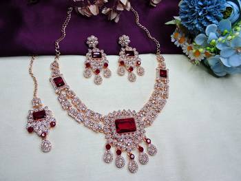 Maroon rose gold premium designer american diamond and stone work necklace set 2