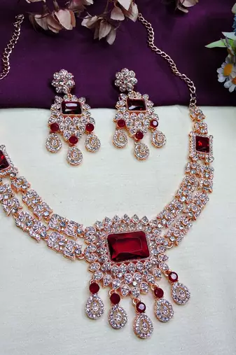 Maroon rose gold premium designer american diamond and stone work necklace set