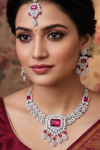 Pink rhodium premium designer american diamond and stone work necklace set