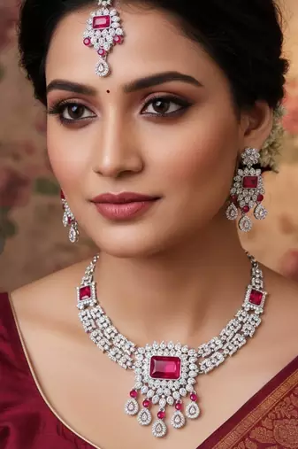 Pink rhodium premium designer american diamond and stone work necklace set