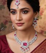 Pink rhodium premium designer american diamond and stone work necklace set