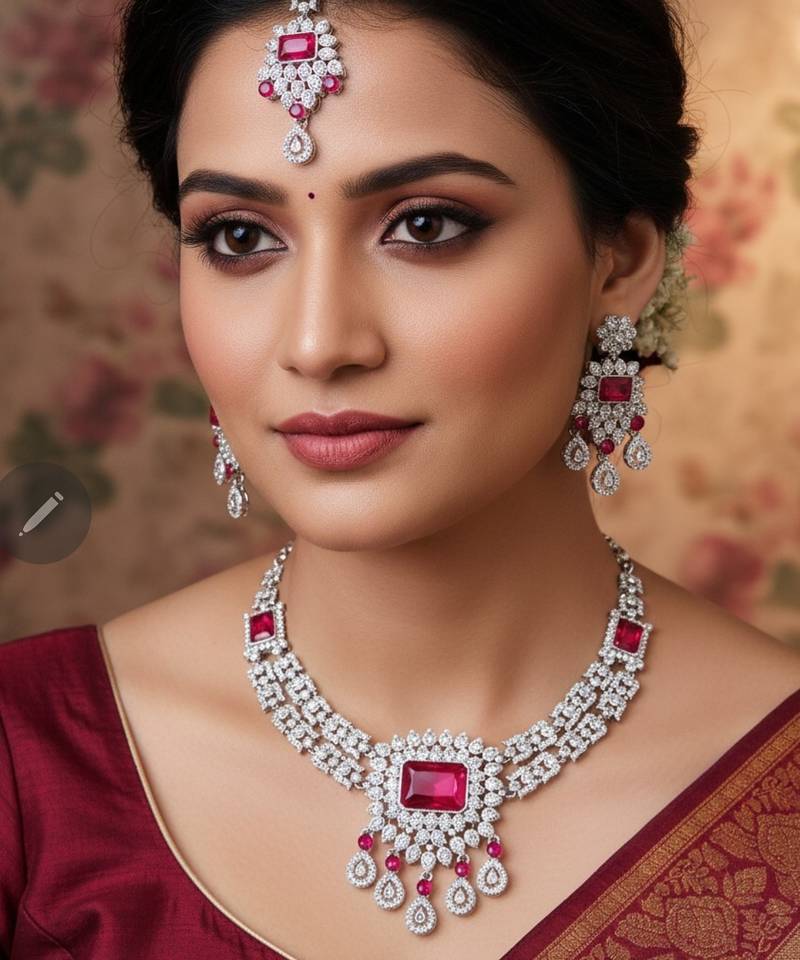 Pink rhodium premium designer american diamond and stone work necklace set
