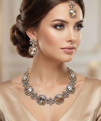 Gold yellow gold premium designer american diamond and stone work necklace set 1