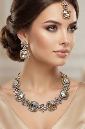 Gold yellow gold premium designer american diamond and stone work necklace set