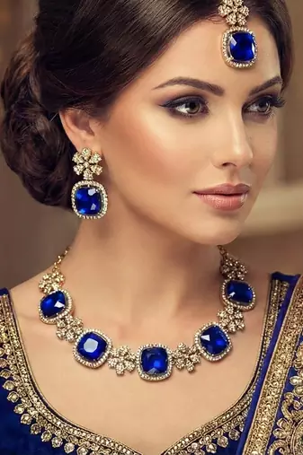 Blue yellow gold premium designer american diamond and stone work necklace set
