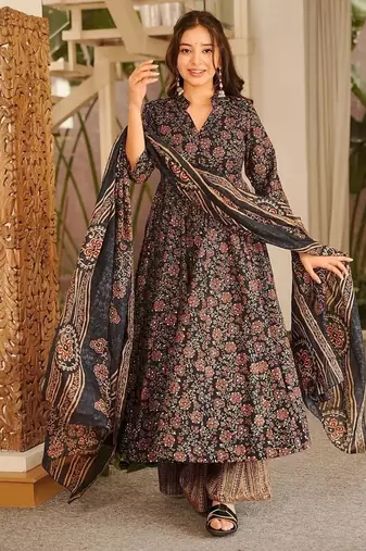 Black maslin digital printed wedding party festival casual ready anarkali palazzo pant salwar kameez