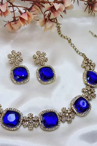 Blue yellow gold premium designer american diamond and stone work necklace set