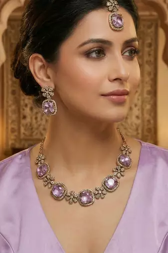 Purple yellow gold premium designer american diamond and stone work necklace set