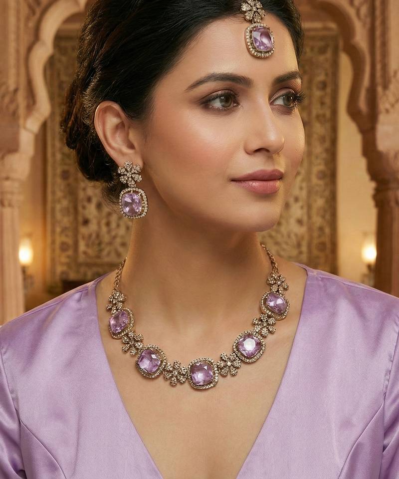 Purple yellow gold premium designer american diamond and stone work necklace set
