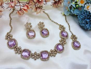 Purple yellow gold premium designer american diamond and stone work necklace set 2