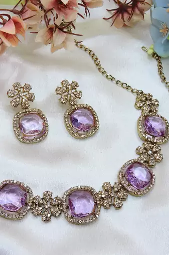 Purple yellow gold premium designer american diamond and stone work necklace set