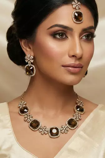 Green yellow gold premium designer american diamond and stone work necklace set