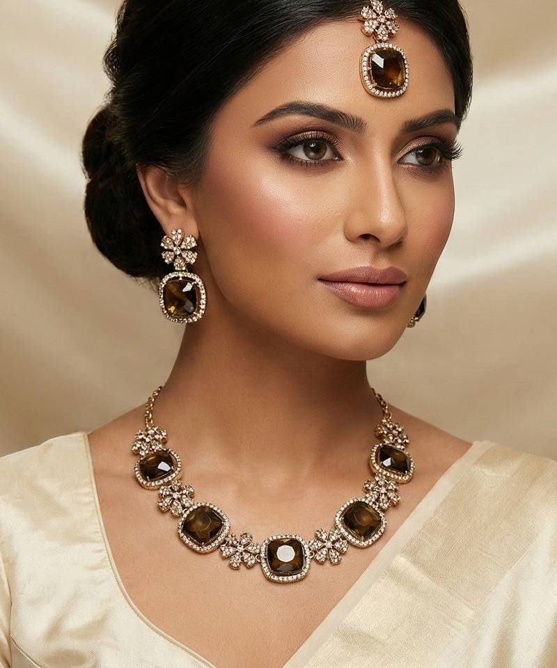 Green yellow gold premium designer american diamond and stone work necklace set