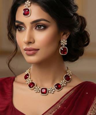 Maroon yellow gold premium designer american diamond and stone work necklace set 1