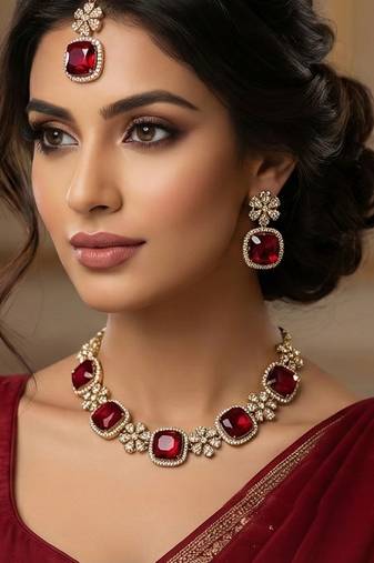 Maroon yellow gold premium designer american diamond and stone work necklace set