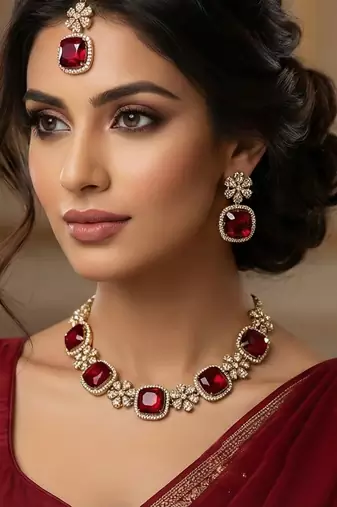 Maroon yellow gold premium designer american diamond and stone work necklace set