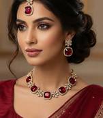 Maroon yellow gold premium designer american diamond and stone work necklace set