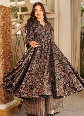 Black maslin digital printed wedding party festival casual ready anarkali palazzo pant salwar kameez 5