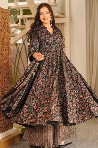 Black maslin digital printed wedding party festival casual ready anarkali palazzo pant salwar kameez