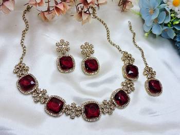 Maroon yellow gold premium designer american diamond and stone work necklace set 2