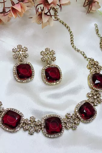 Maroon yellow gold premium designer american diamond and stone work necklace set