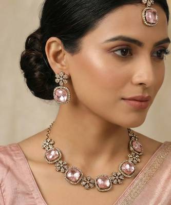 Pink yellow gold premium designer american diamond and stone work necklace set 1