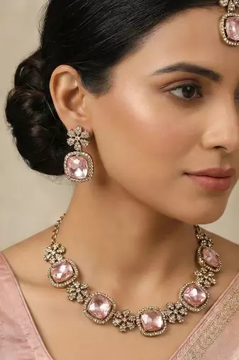 Pink yellow gold premium designer american diamond and stone work necklace set