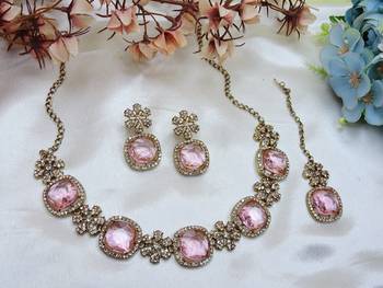 Pink yellow gold premium designer american diamond and stone work necklace set 2