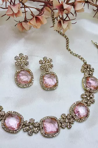 Pink yellow gold premium designer american diamond and stone work necklace set