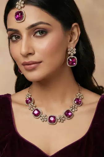 Purple yellow gold premium designer american diamond and stone work necklace set