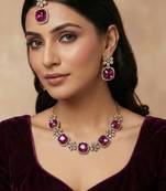 Purple yellow gold premium designer american diamond and stone work necklace set