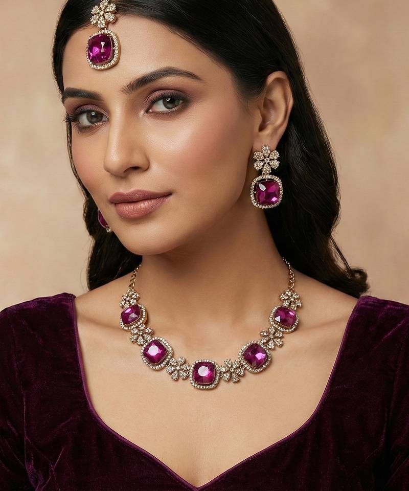 Purple yellow gold premium designer american diamond and stone work necklace set