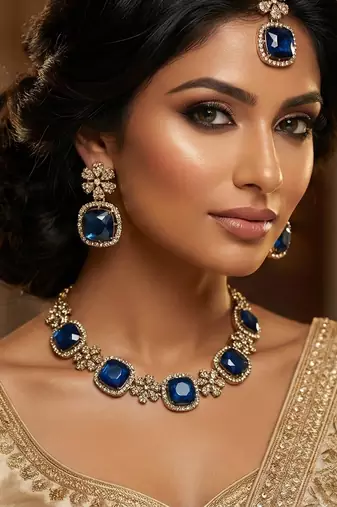 Blue yellow gold premium designer american diamond and stone work necklace set
