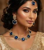 Blue yellow gold premium designer american diamond and stone work necklace set