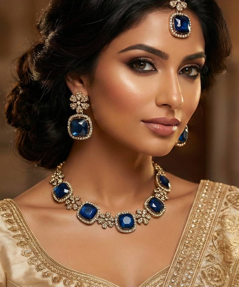 Blue yellow gold premium designer american diamond and stone work necklace set