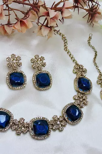 Blue yellow gold premium designer american diamond and stone work necklace set