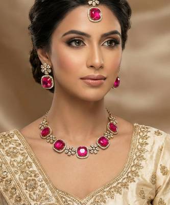 Pink yellow gold premium designer american diamond and stone work necklace set 1