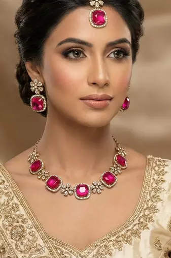 Pink yellow gold premium designer american diamond and stone work necklace set
