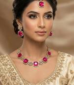 Pink yellow gold premium designer american diamond and stone work necklace set