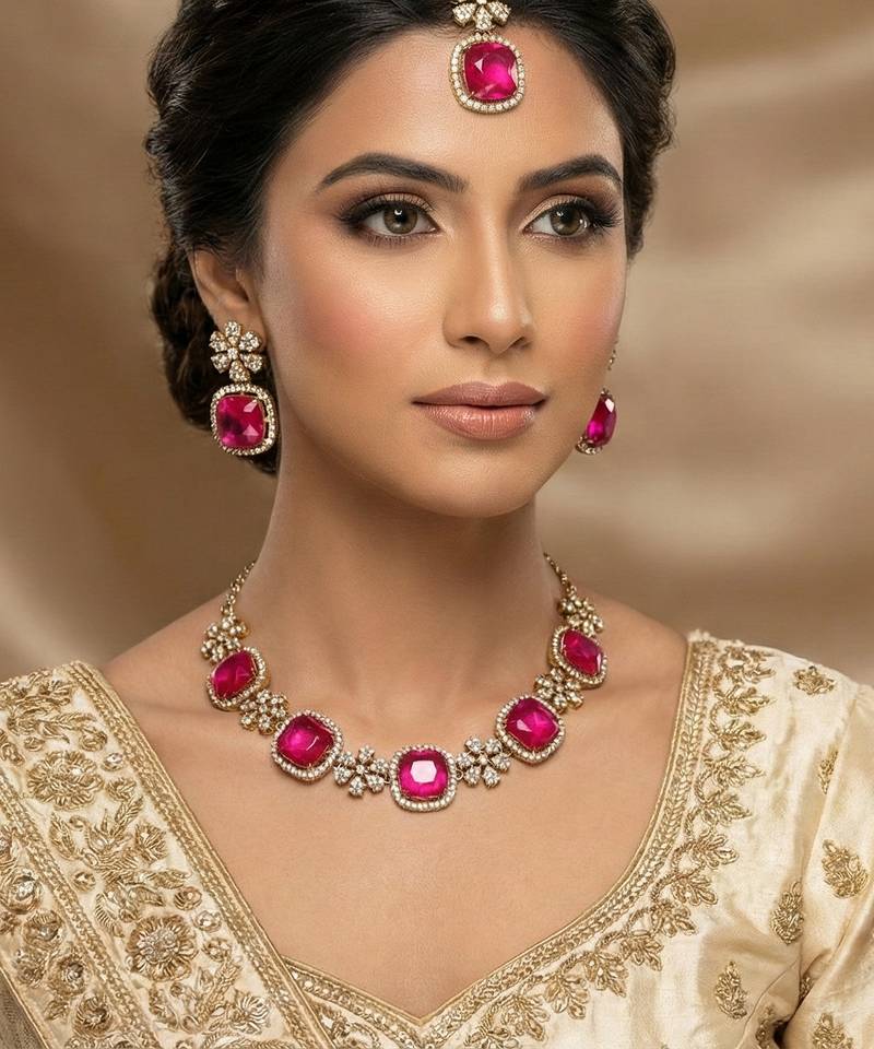 Pink yellow gold premium designer american diamond and stone work necklace set