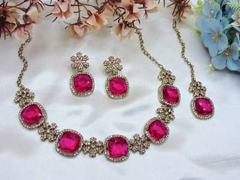 Pink yellow gold premium designer american diamond and stone work necklace set 2