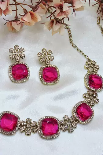 Pink yellow gold premium designer american diamond and stone work necklace set