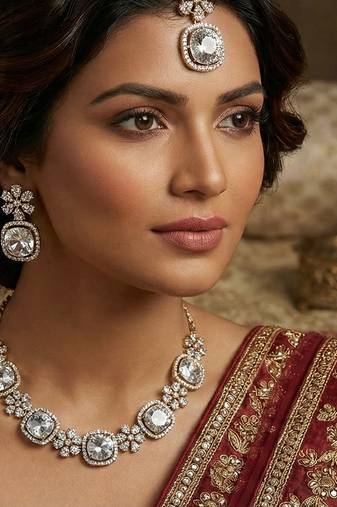 White yellow gold premium designer american diamond and stone work necklace set