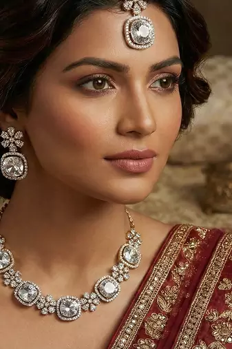 White yellow gold premium designer american diamond and stone work necklace set
