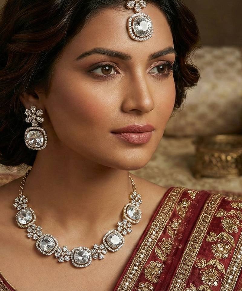 White yellow gold premium designer american diamond and stone work necklace set