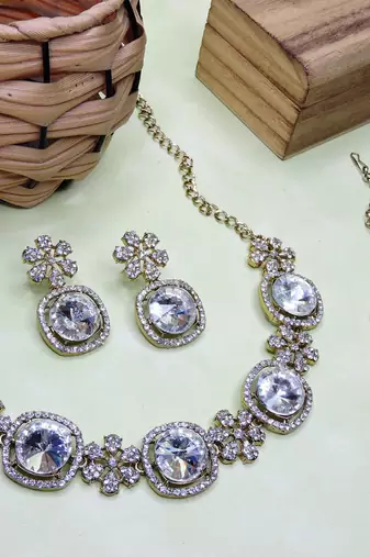 White yellow gold premium designer american diamond and stone work necklace set