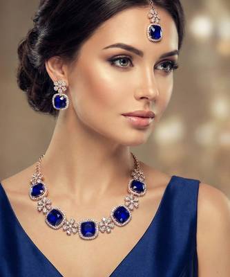 Blue rose gold premium designer american diamond and stone work necklace set 1