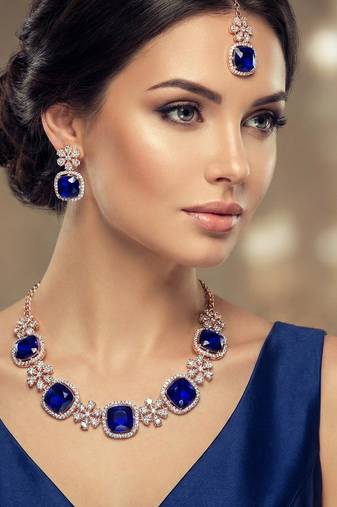 Blue rose gold premium designer american diamond and stone work necklace set