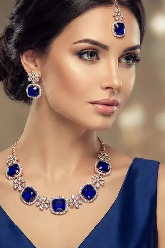 Blue rose gold premium designer american diamond and stone work necklace set
